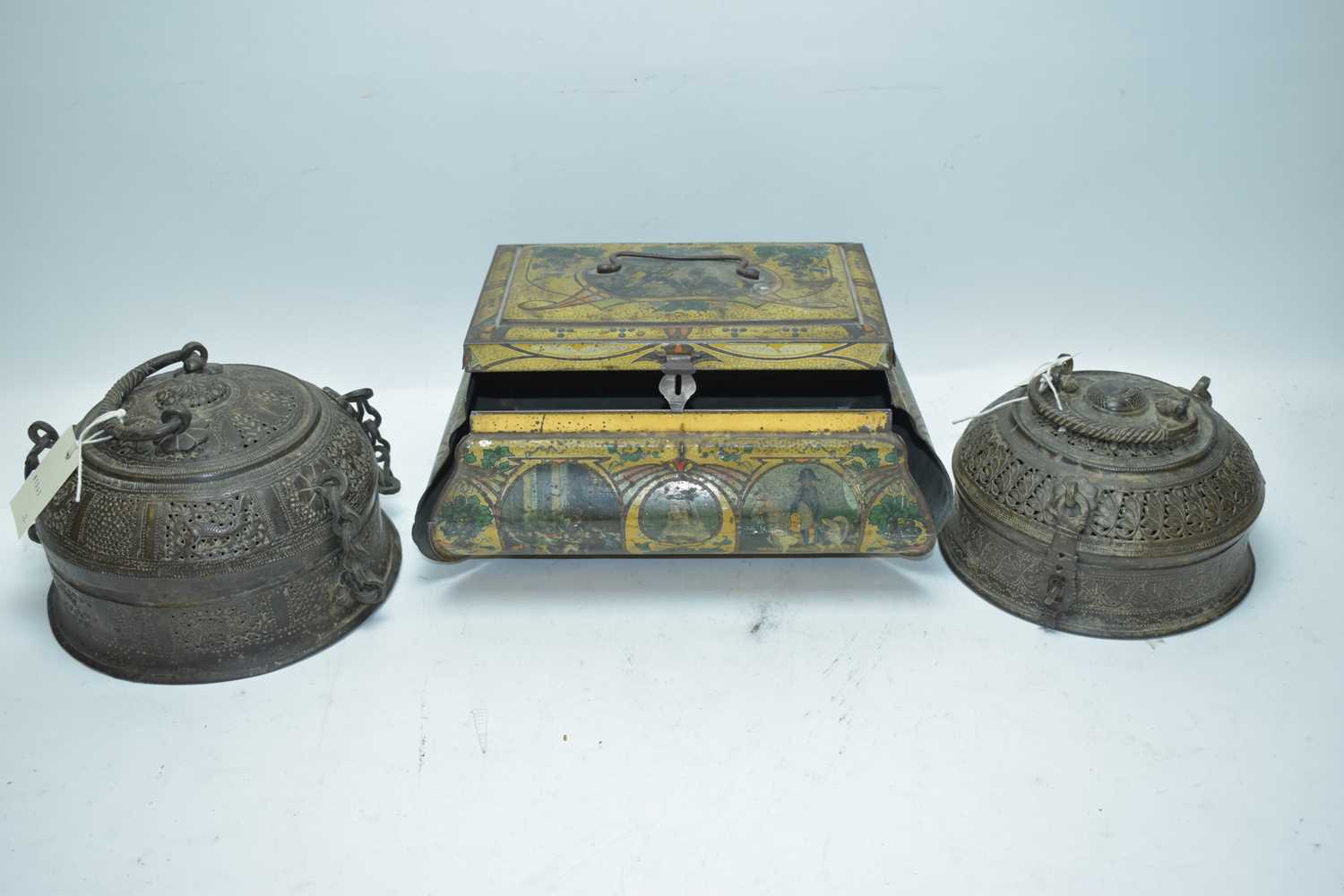 Lot 361 - Two Middle Eastern lanterns; and a vintage tin box.