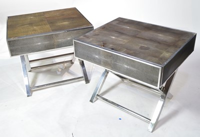 Lot 50 - Pair of designer shagreen and chromed metal bedside tables.