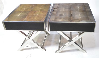 Lot 50 - Pair of designer shagreen and chromed metal bedside tables.