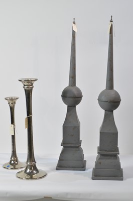 Lot 33 - Pair of obelisk style ornaments; and two 'Manilow' pattern candle stands.