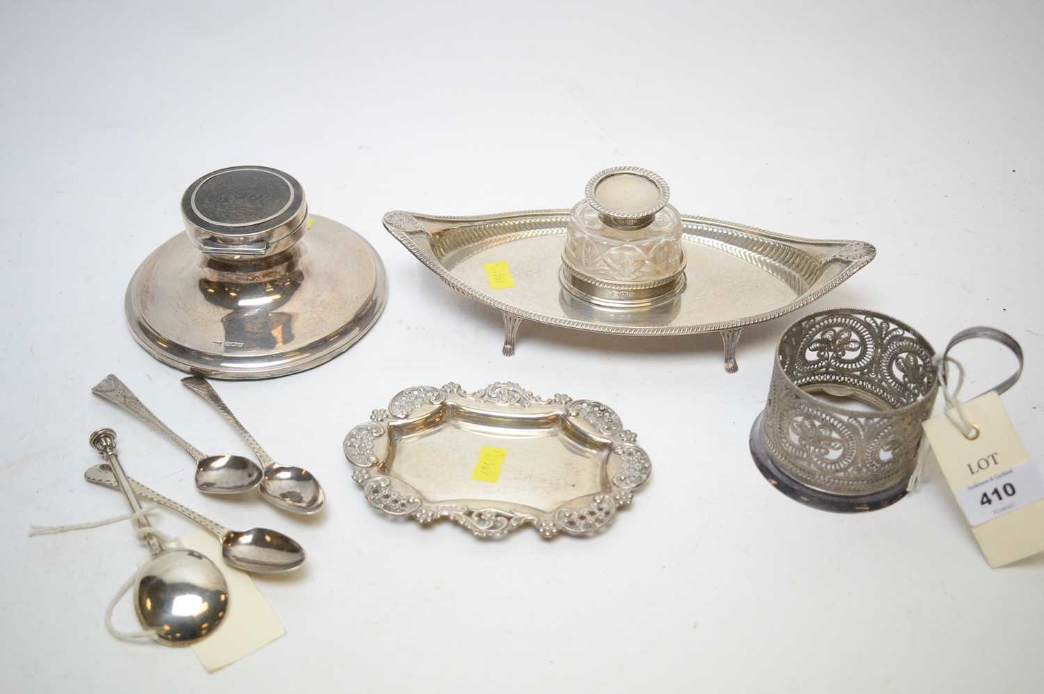 Lot 410 - Silver hallmarked inkwell, another; and other small silver items.