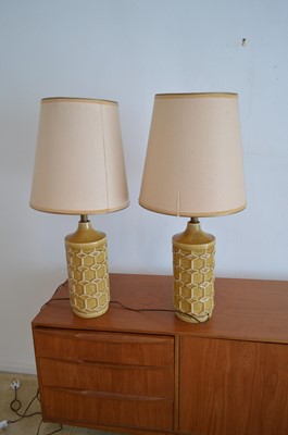 Lot 24 - A pair of mid Century pottery geometric pattern table lamps.