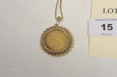 Lot 15 - A Queen Victoria gold sovereign in pendant mount on chain.