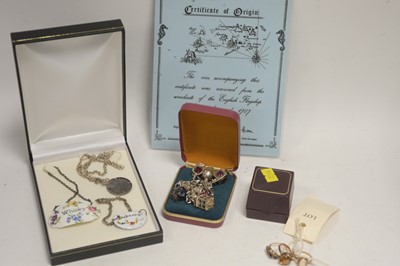 Lot 56 - Gem-set rings; silver charm bracelet, coin pendant and decanter labels.
