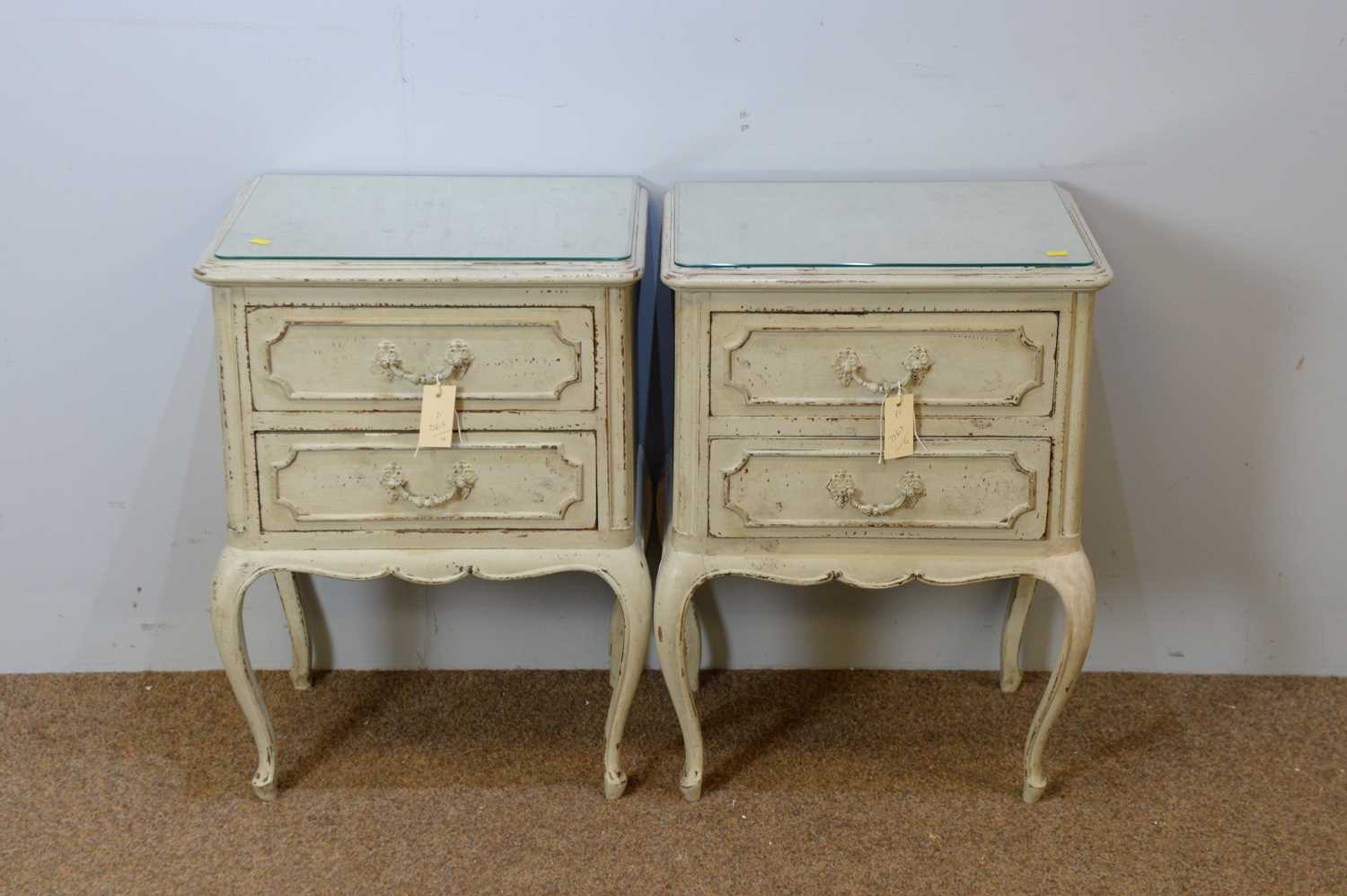 Lot 52 - Pair of 20th C French 'Shabby Chic' bedside chests.