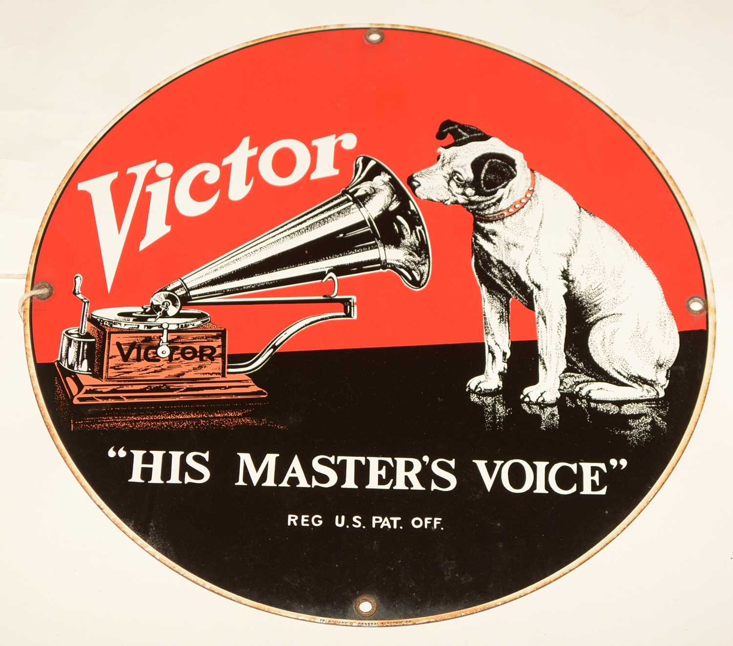 Lot 1111 - A Victor "His Masters Voice" circular enamel advertising sign.