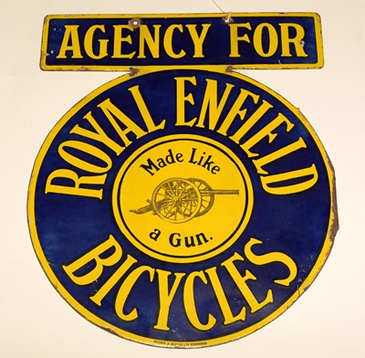 Lot 1112 - A Royal Enfield Bicycles double-sided enamel pendant sign.