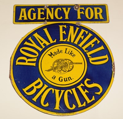 Lot 1112 - A Royal Enfield Bicycles double-sided enamel pendant sign.