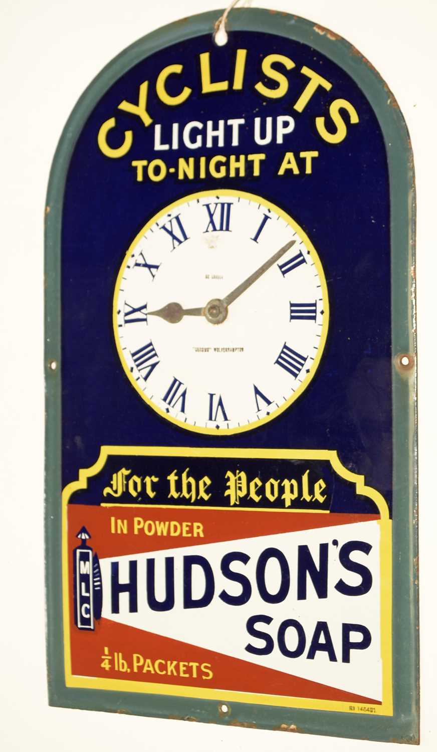 Lot 1113 - A Hudson's Soap enamel advertising clock sign.