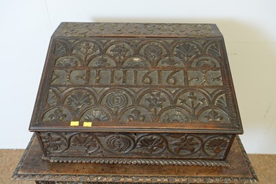 Lot 115 - 17th Century carved oak bible box.
