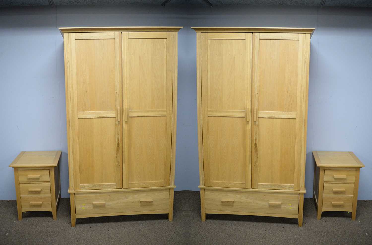 Lot 110 - Pair of Barker and Stonehouse oak wardrobes and pair of bedside cabinets
