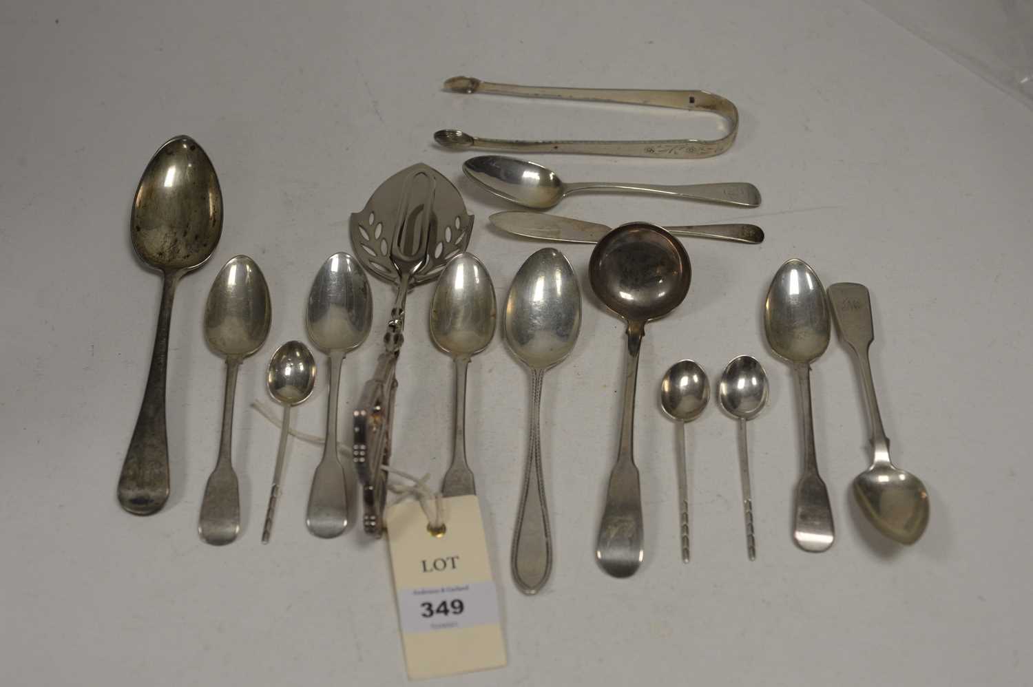 Lot 349 - Silver teaspoons, dessert spoons, ladle and other items