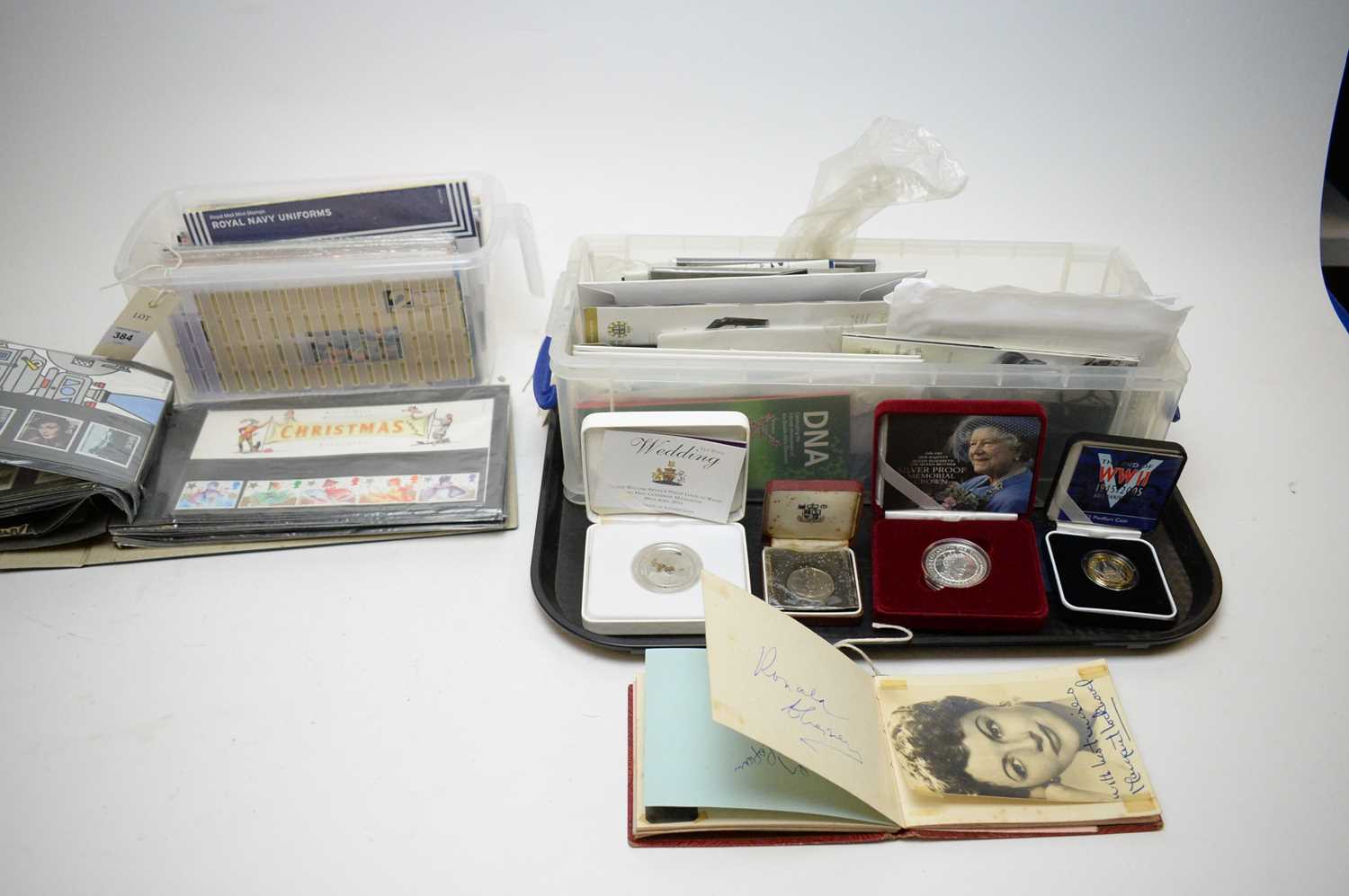 Lot 384 - Commemorative crowns, other coins, and stamps.