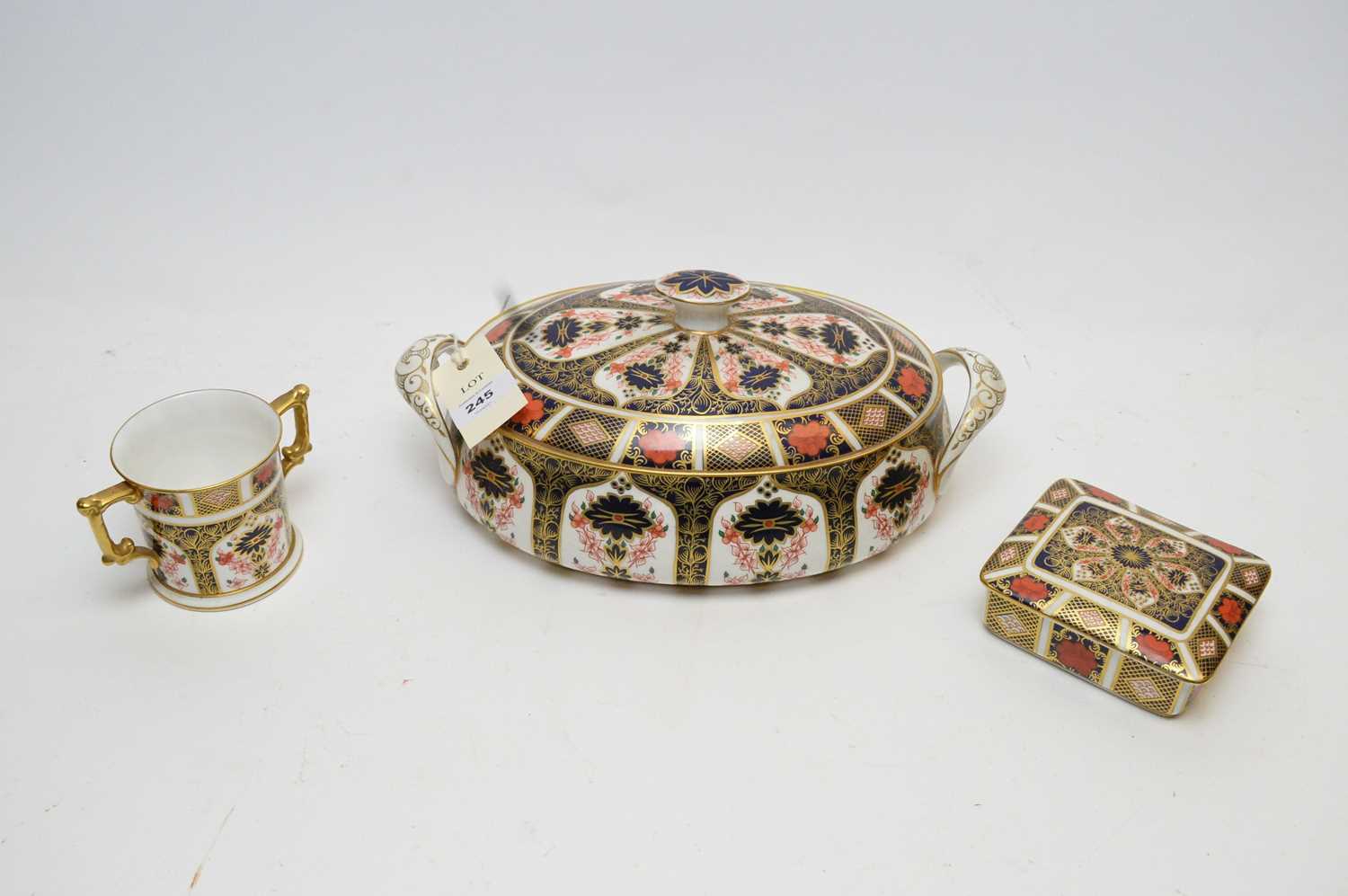 Lot 245 - Royal Crown Derby tureen and cover, two-handled cup; and similar jar and cover.