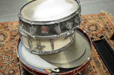Lot 490 - Assorted snare and other drums; cymbal heads; and music stands.