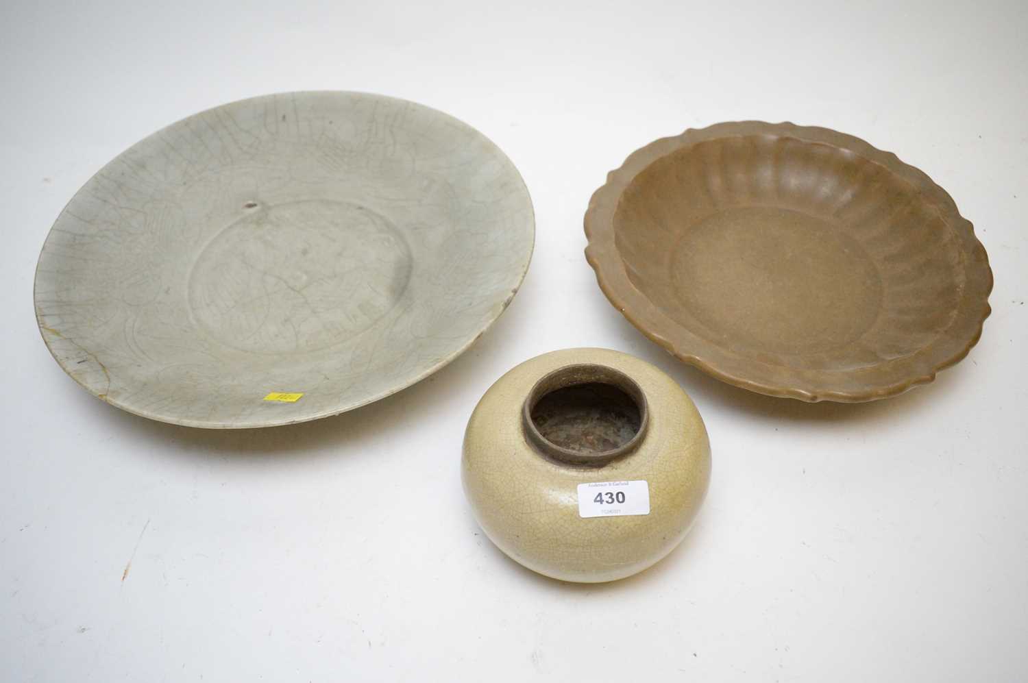 Lot 430 - A Chinese squat jar, and two porcelain dishes.
