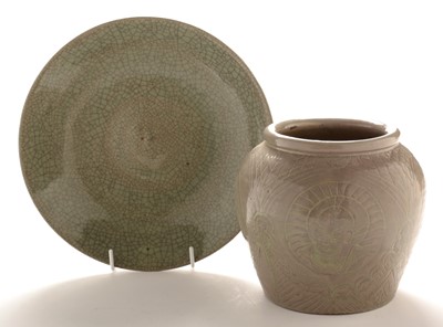 Lot 413 - Chinese crackle glaze dish, stoneware vase
