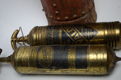 Lot 747 - Three vintage fire extinguishers; and a wall-mount fire alarm bell.
