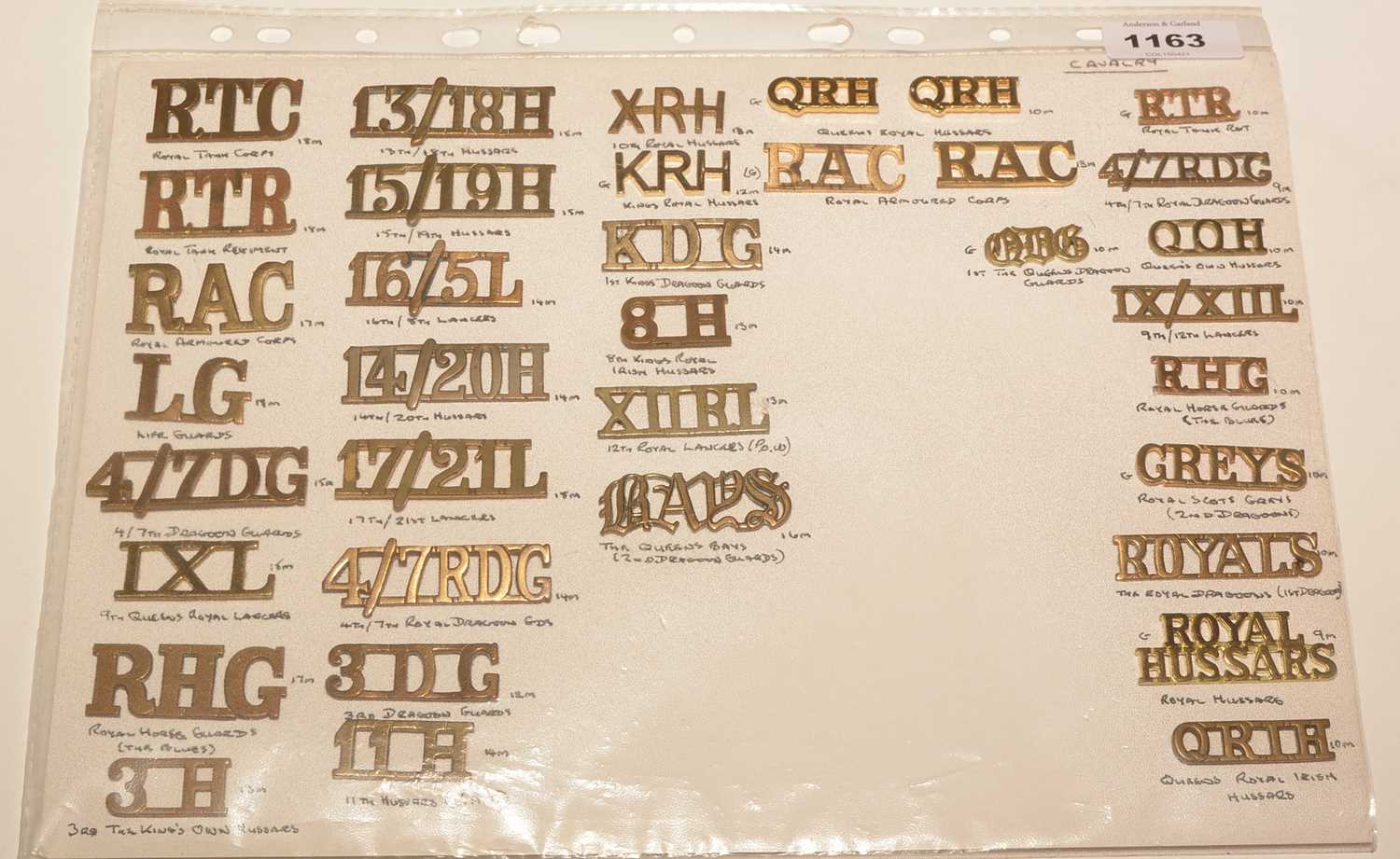 Lot 1163 - A collection of 32 single and 2 pairs of metal Cavalry shoulder titles.