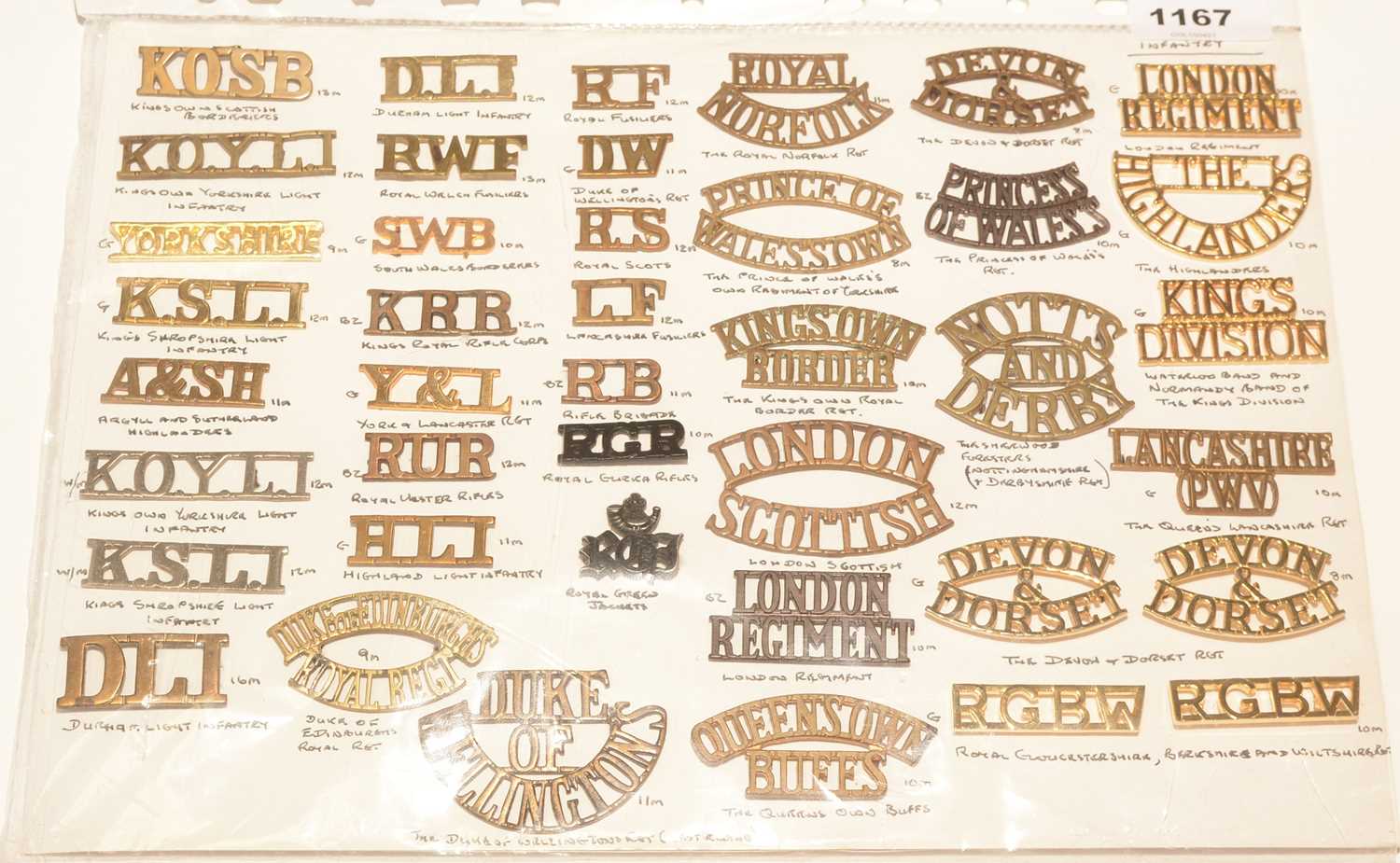 Lot 1167 - A collection of 37 single and 2 pairs of Infantry shoulder titles.
