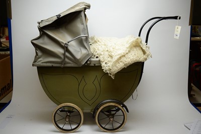 Lot 780 - Early 20th C doll's pram, two dolls and two soft toys.