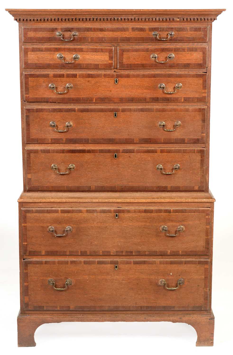 Lot 853 - George III oak and mahogany banded chest-on-chest.