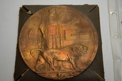 Lot 431 - WWI commemorative plaque; and other medals.