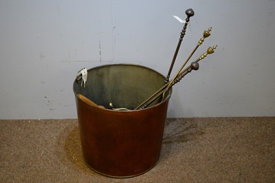 Lot 71 - Cast iron fire basket, copper log bin and fire tools