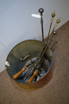 Lot 71 - Cast iron fire basket, copper log bin and fire tools