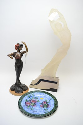 Lot 470 - Patinated bronze of a lady; Art Deco figurine of a lady; and Maling plate.