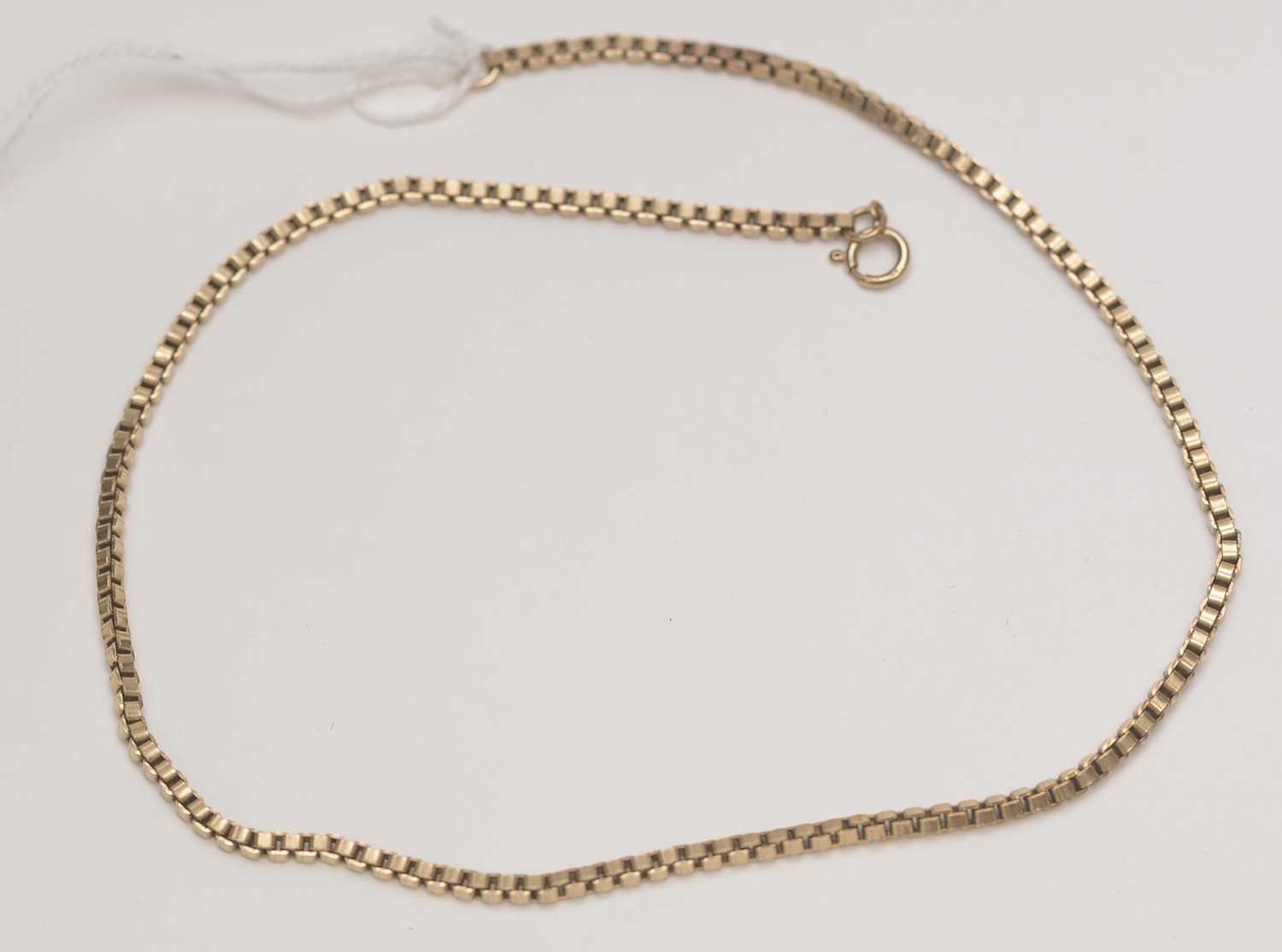 Lot 222 - 9ct. yellow gold box link pattern necklace chain.
