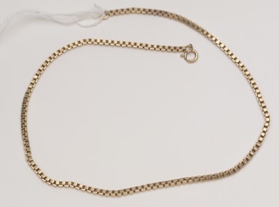 Lot 222 - 9ct. yellow gold box link pattern necklace chain.