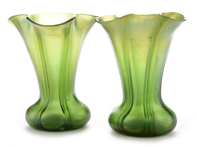 Lot 597 - Pair iridescent green glass vases