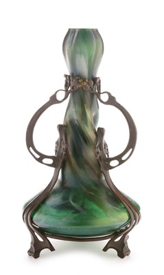 Lot 601 - Art Nouveau bronze mounted iridescent glass vase