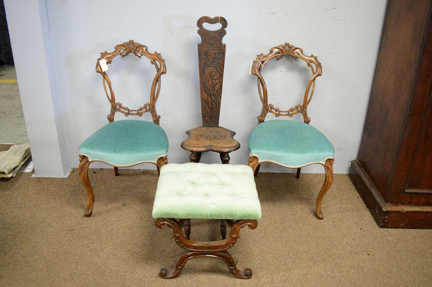 Lot 87 - Pair of Victorian balloon-back chairs; a 20th C spinning chair; and a Regency-style stool.