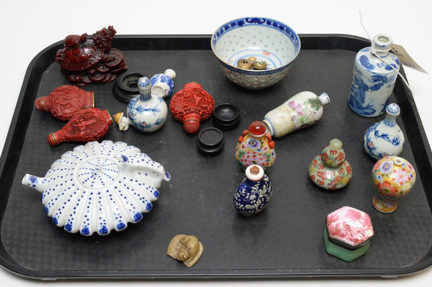 Lot 329 - Various snuff bottles; patch box; Chinese teapot; etc.