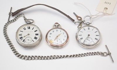 Lot 216 - Three pocket watches, one with silver Albert chain.