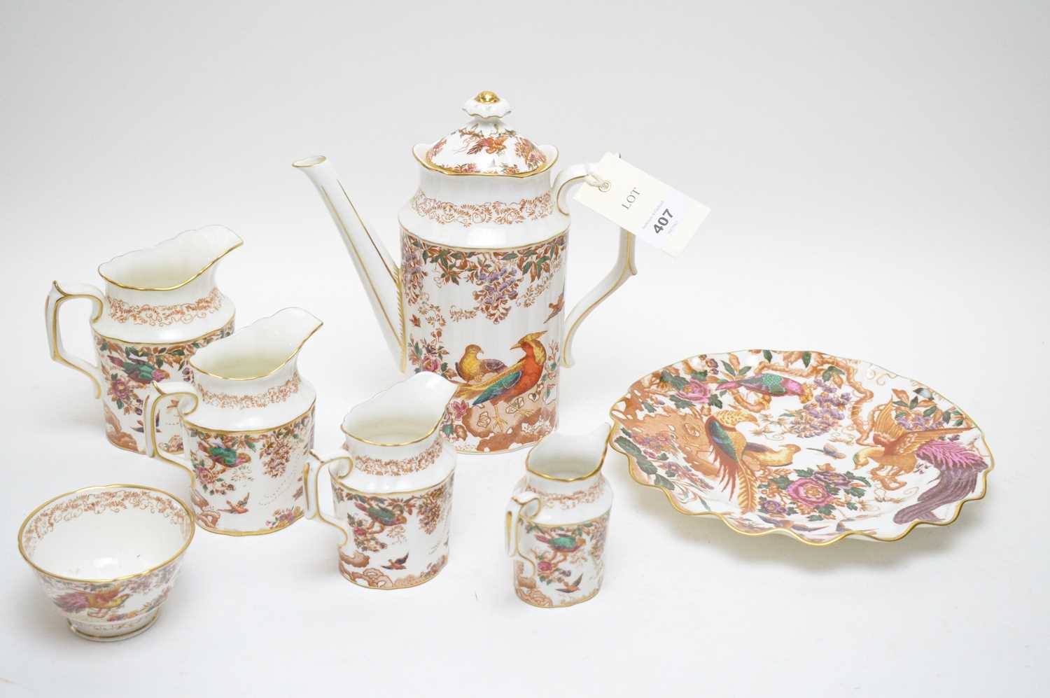 Lot 407 - Royal Crown Derby coffee pot and cover; three matching jugs and other items.