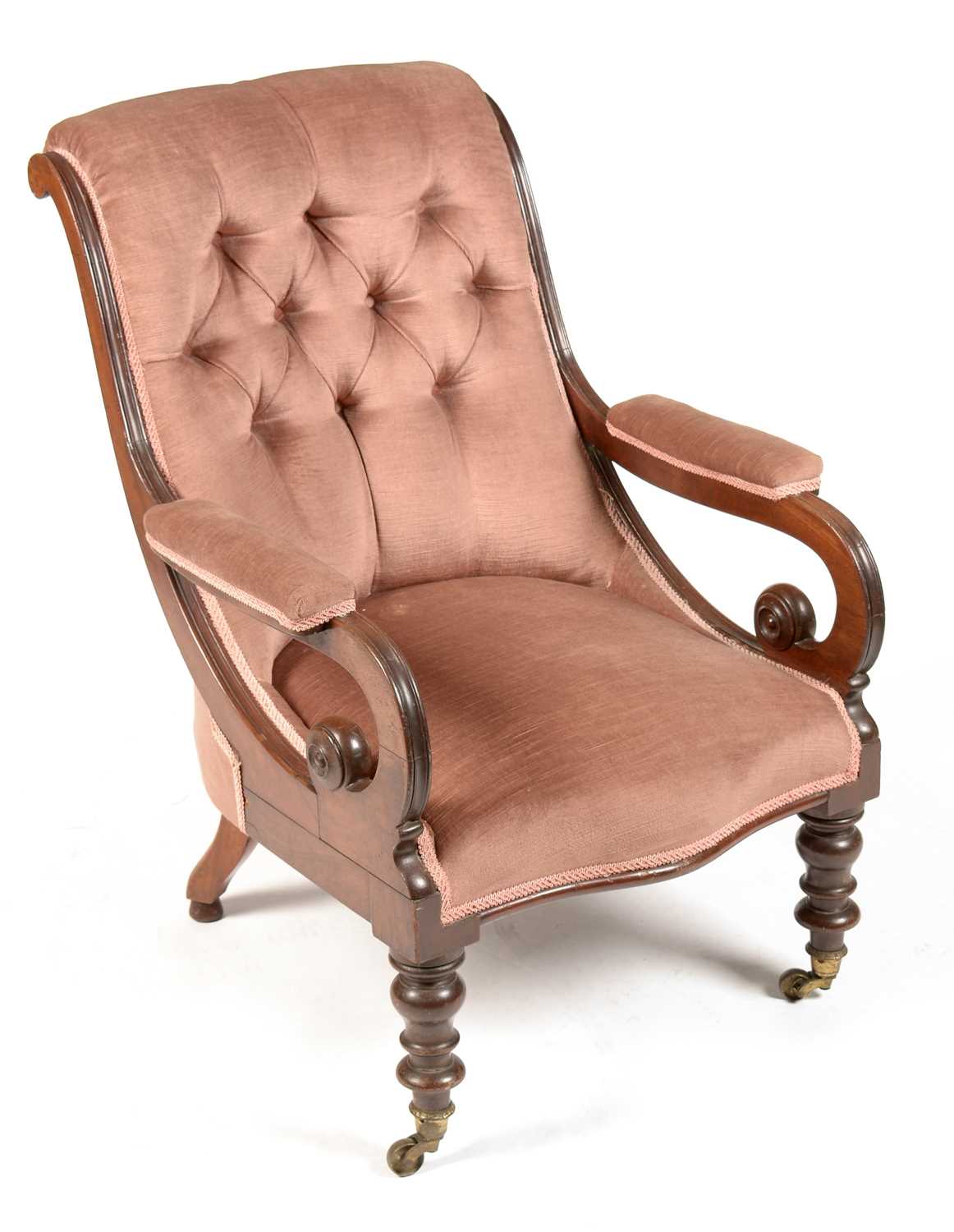 Lot 874 - A Victorian mahogany and upholstered open armchair.