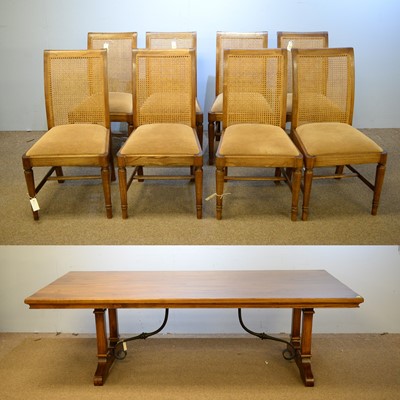 Lot 21 - 20th C elm refectory table; and eight dining chairs.
