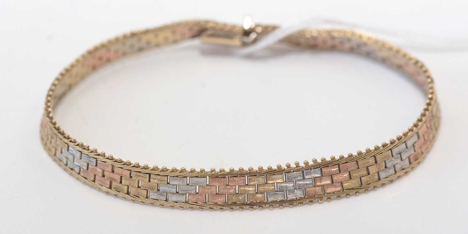 Lot 160 - 9ct yellow, white and rose gold bracelet