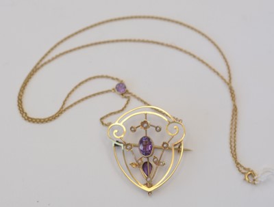 Lot 161 - Edwardian amethyst and seed pearl pendant