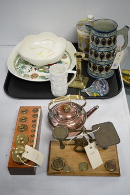 Lot 424 - Set of brass postal scales and weights; Wedgwood and other items.