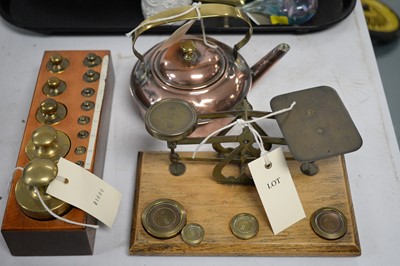 Lot 424 - Set of brass postal scales and weights; Wedgwood and other items.