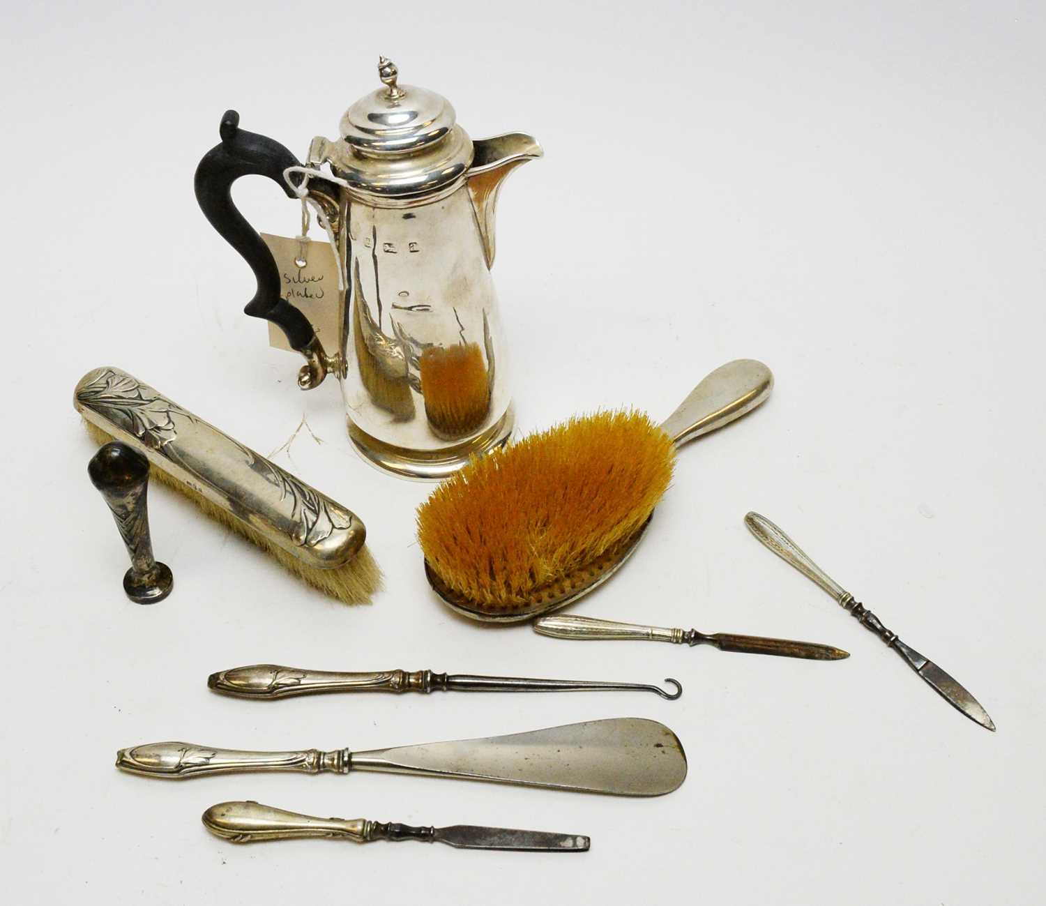 Lot 196 - Early 20th C silver hot water jug; and various other dressing table items.