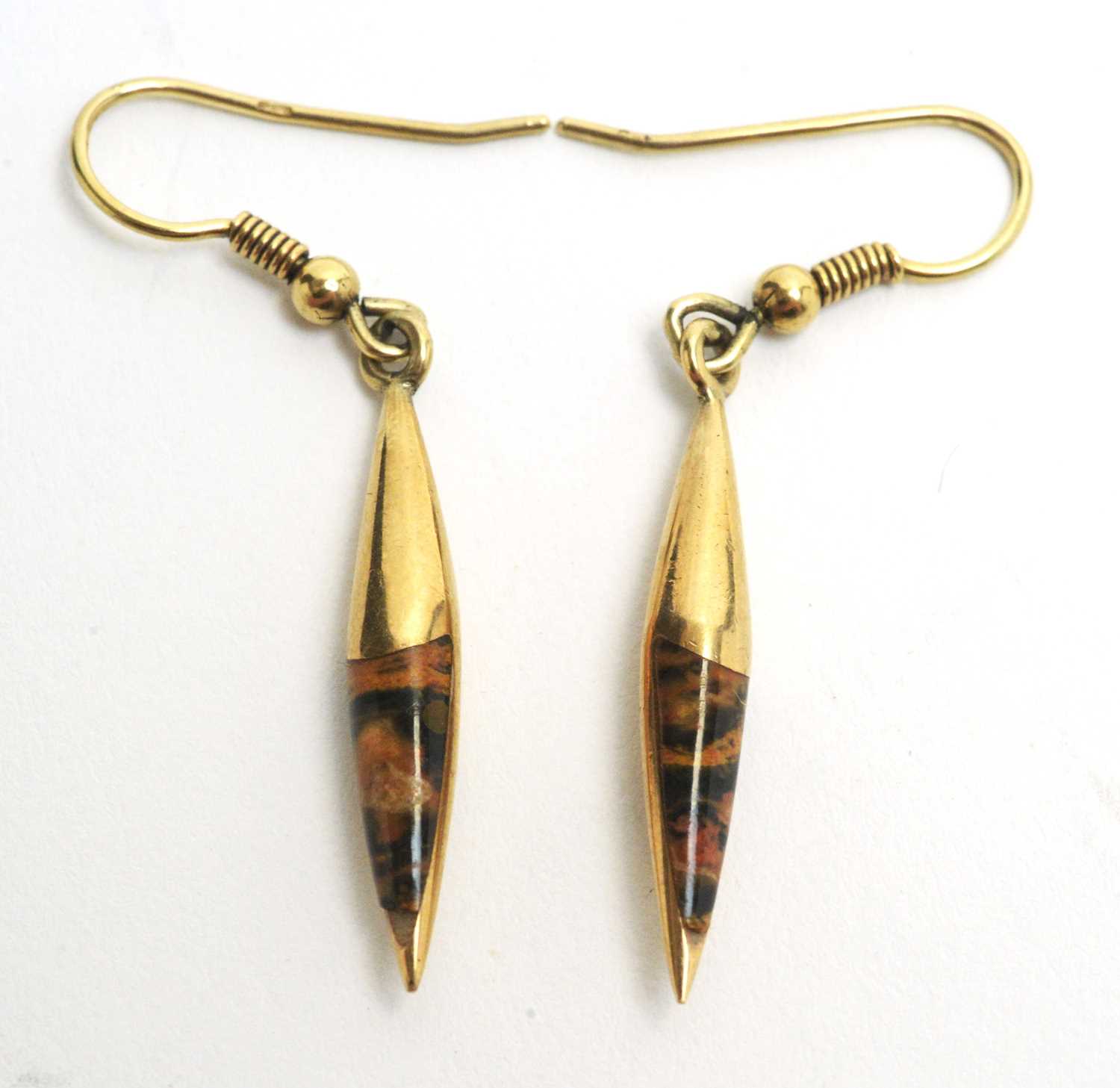 Lot 106 - A pair of 9ct. yellow gold and stone set drop earrings.