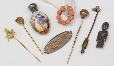 Lot 238 - Selection of gent's tie pins; scent bottle; and other items.