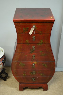 Lot 138 - 20th C red vasiform chest of drawers.