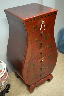 Lot 138 - 20th C red vasiform chest of drawers.