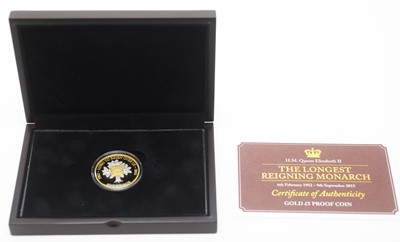 Lot 12 - Her Majesty Queen Elizabeth II Longest Reigning Monarch £5 gold proof coin